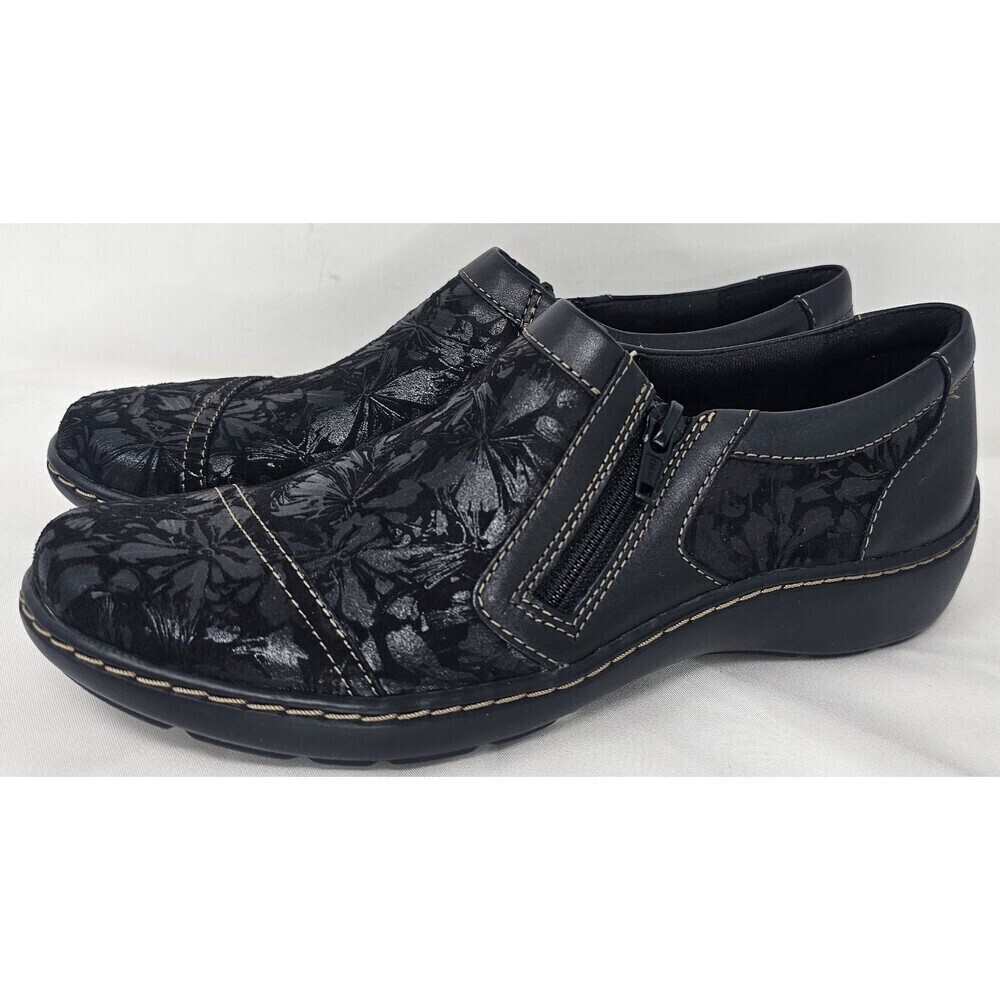 Clarks Cora Giny Womens Size 7N Black Floral Leather Casual Zip Comfort Shoes
